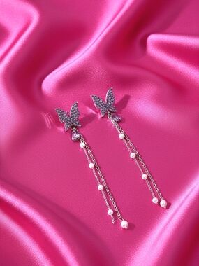 Dainty Silvertone Butterfly Drop Earrings with Pearls - Pink